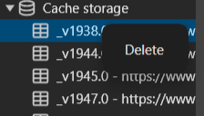 The list of cached versions with the delete prompt open