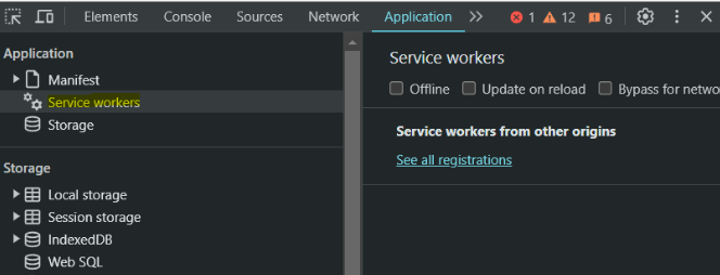 The application properties section with the service workers highlighted
