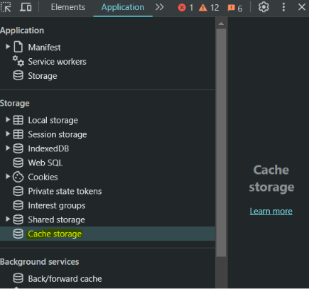 The application storage section with the cache storage highlighted