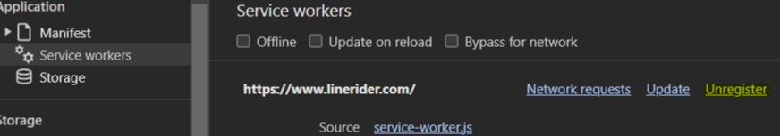 The service workers page with the unregister button highlighted