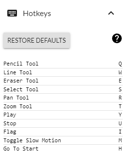 The hotkeys section of the sidebar, with a list of hotkeys and their corresponding action