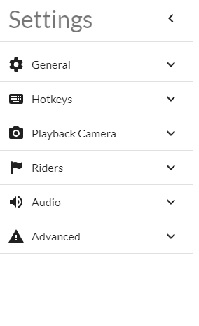 The settings sidebar, which lists the subheadings general, hotkeys, playback camera, riders, audio, and advanced