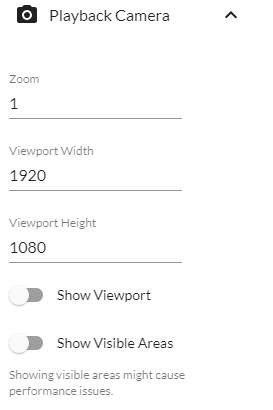 The playback camera section of the sidebar after dimensions have been filled, with the new toggles discussed above
